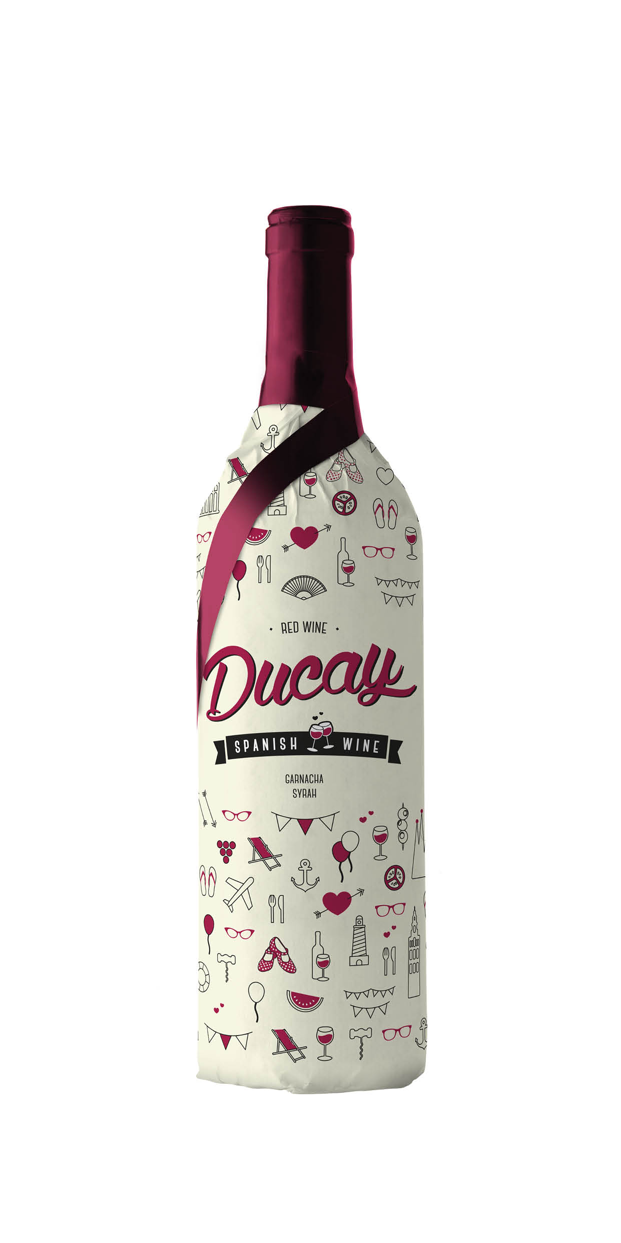 Detalle del diseño de envoltorio y etiqueta de vino del vino Ducay, garnacha syrah, diseñado por Vino de Etiqueta