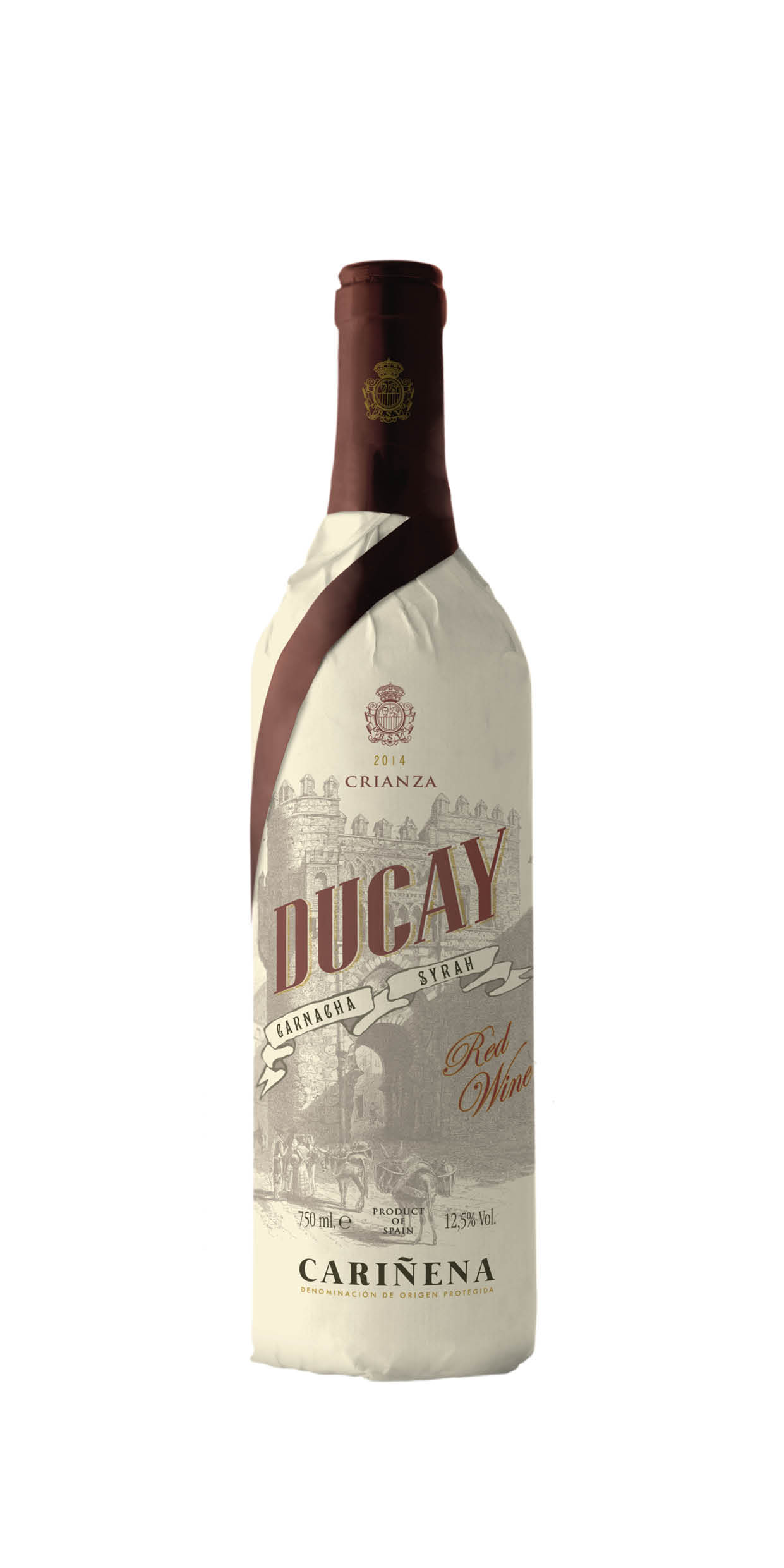 Botella de vino Ducay Crianza garnacha syrah diseñada por Vino de Etiqueta